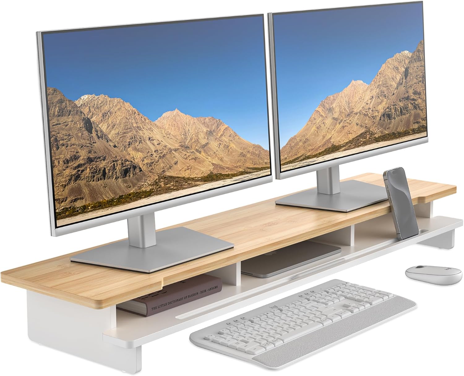 Monitor Stand Dual Monitor Stand Riser for Desk,Wood Desk Shelf Storage Organizer with Phone Tablet Holder (42.5 Inch, White & Natural Bamboo) White & Natural Bamboo 42.5 inch