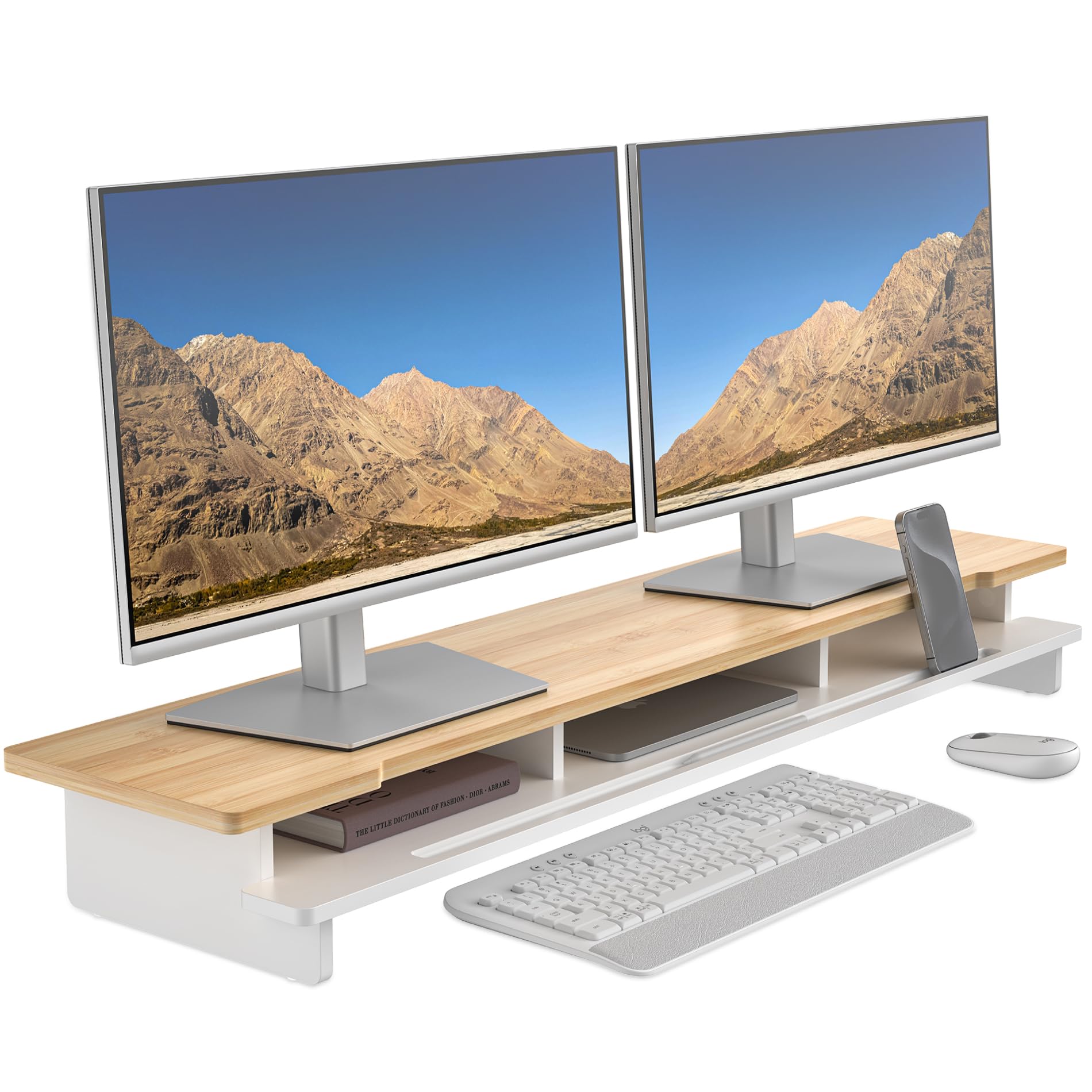 WELL WENG Support double pour moniteur de bureau, étagère en bois pour bureau avec organiseur de rangement et support pour smartphone et tablette (108 cm, blanc et bambou naturel)