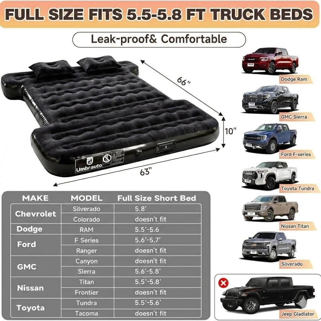 Umbrauto Built-in Pump Air Mattress for 5.5-5.8ft Full Size Short Truck Bed, Inflatable Camping Airbed with Rechargeable Cordless Pump for Truck Tent Camper