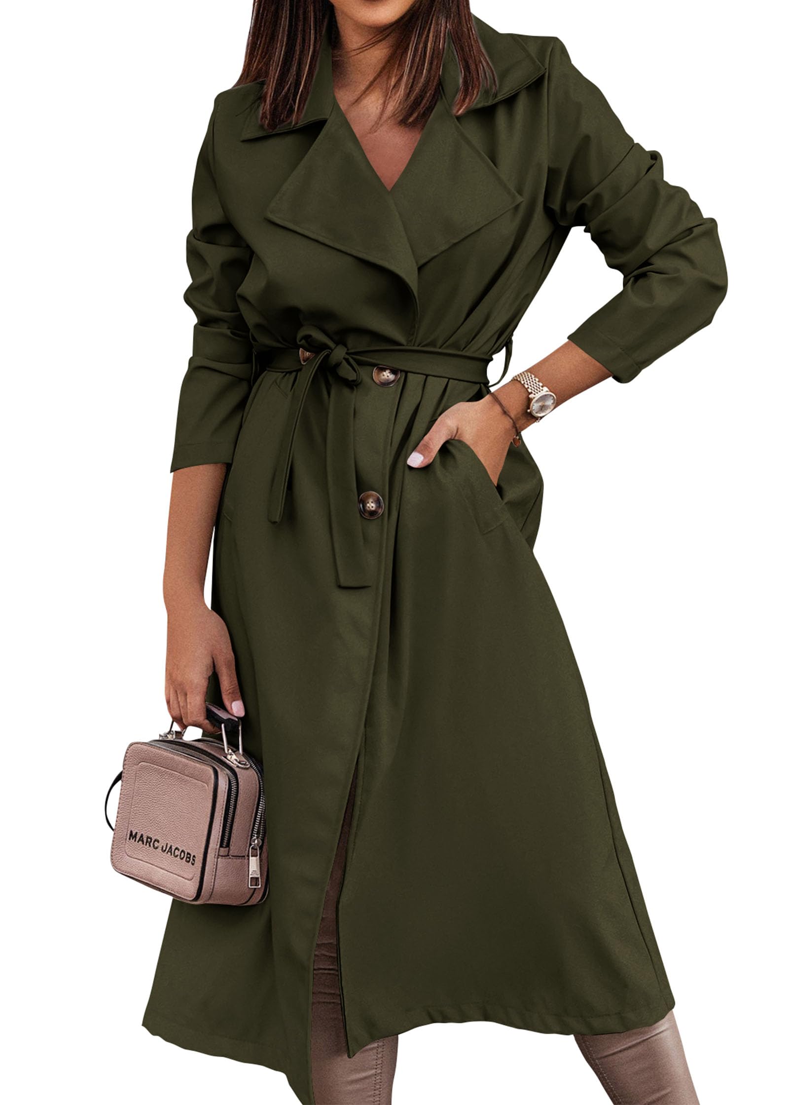 KIRUNDO Women's Trench Coat Long Double-Breasted Spring Fall Fashion 2024 Classic Lapel Overcoat Outerwear With Belt