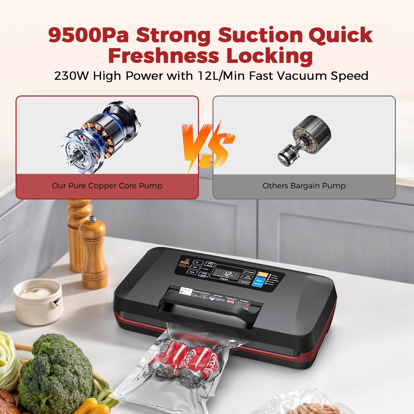 Máquina selladora al vacío de 95 KPa para alimentos, automática con doble sellado térmico de 12 mm, modos 10 en 1, cortador integrado y almacenamiento de bolsas, incluye 1 rollo y 10 bolsas