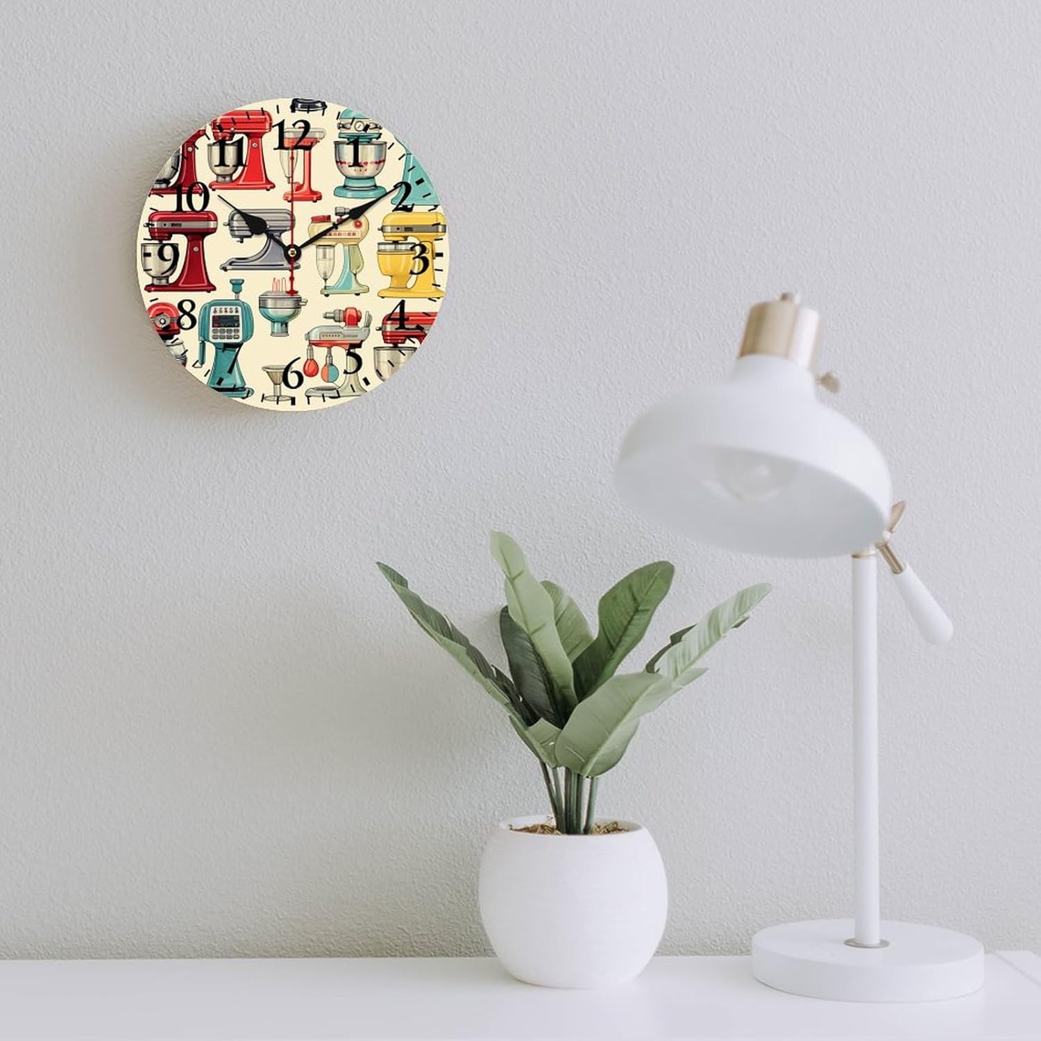 Vintage Retro Stand Mixer Wall Clock Gifts for Baker Lovers Vintage Wood Print Wall Clock Quartz Non Ticking Home Office School Arabic Numeral 16 Inch Round Wood Clock Home Decor