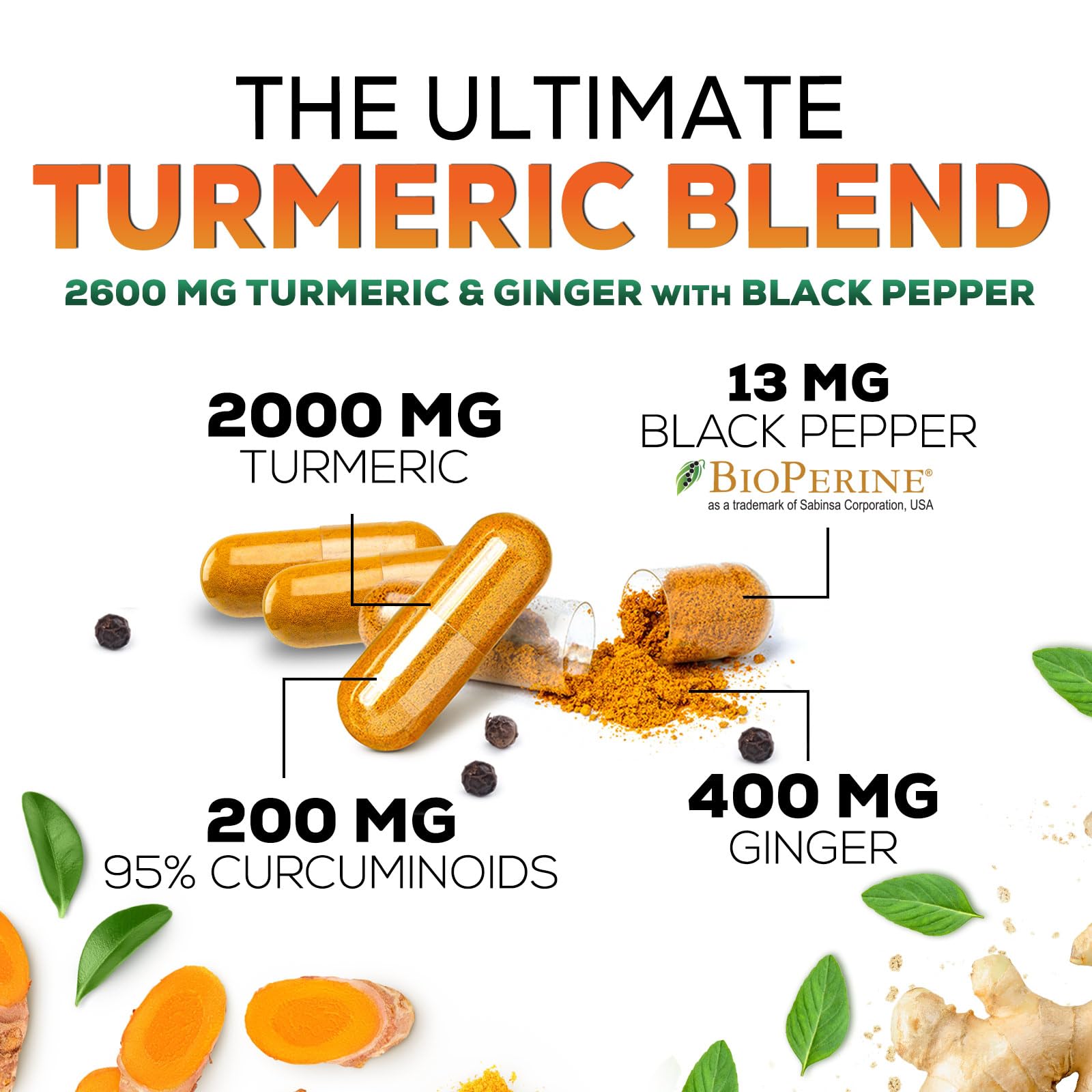 Turmeric Curcumin Supplement 2600mg - with Organic Ginger & Turmeric, BioPerine Black Pepper Extract 95% Curcuminoids - Advanced Absorption Joint & Antioxidant Extra Strength Support - 60 Capsules
