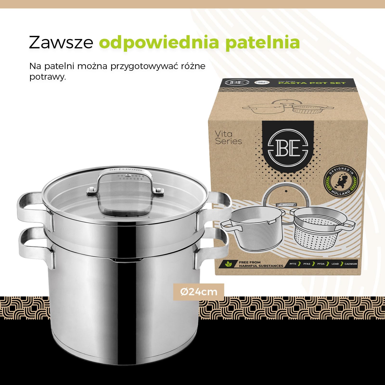 Be Living 3-częściowy garnek do makaronu – Ø 24 cm (7,5 l), duży garnek do gotowania makaronu ze stali nierdzewnej z sitkiem, indukcyjny garnek do spaghetti ze szklaną pokrywką, seria Vita