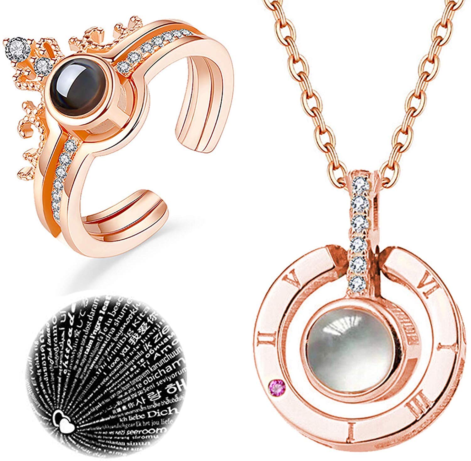 2Pcs/Set 100 Languages Necklace + Ring for Women - I Love You Projective Pendant and Loving Memory Crown Ring Set