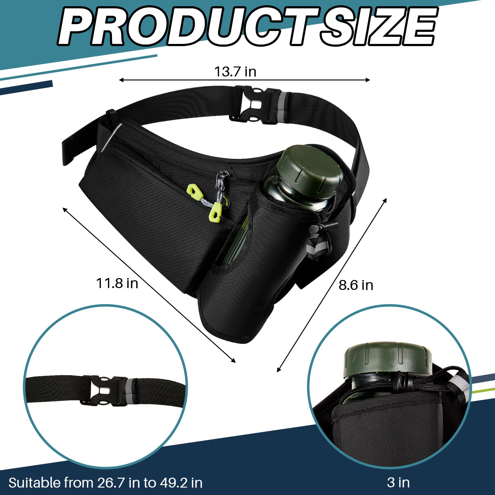 Abbylike 2 Pcs Running Belt with Water Bottle Holder Adjustable Waist Pack Reflective Strap Hydration Pack Fanny Bag Compatible for Women Men Phone Walking Accessories Black, Not Included Water Bottle
