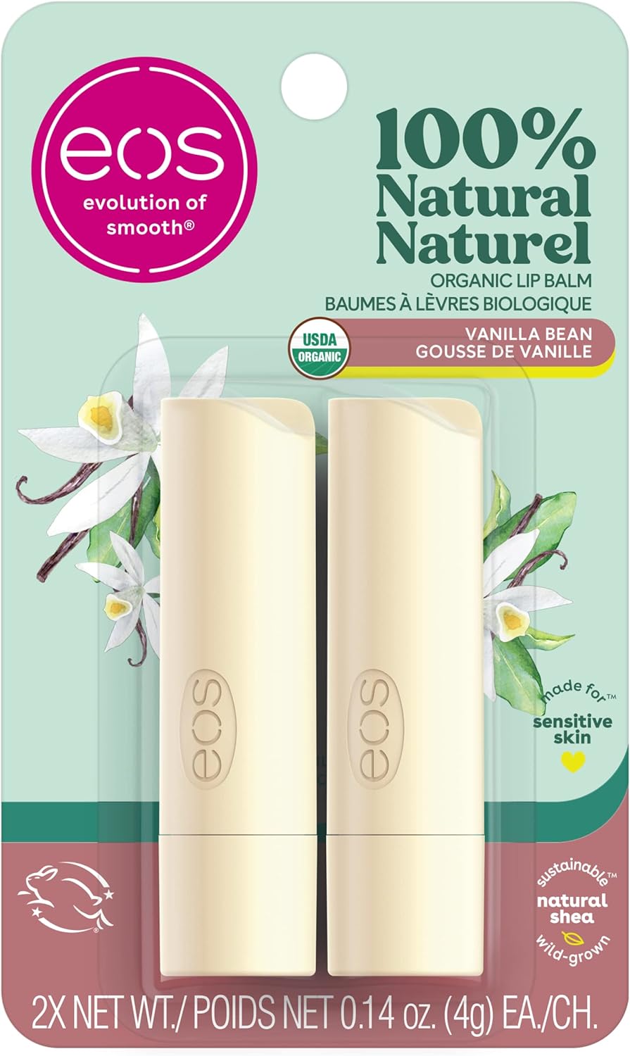 eos 100% Natural & Organic Lip Balm Sticks- Vanilla Bean, All-Day Moisture, Made for Sensitive Skin, 4g, 2-Pack