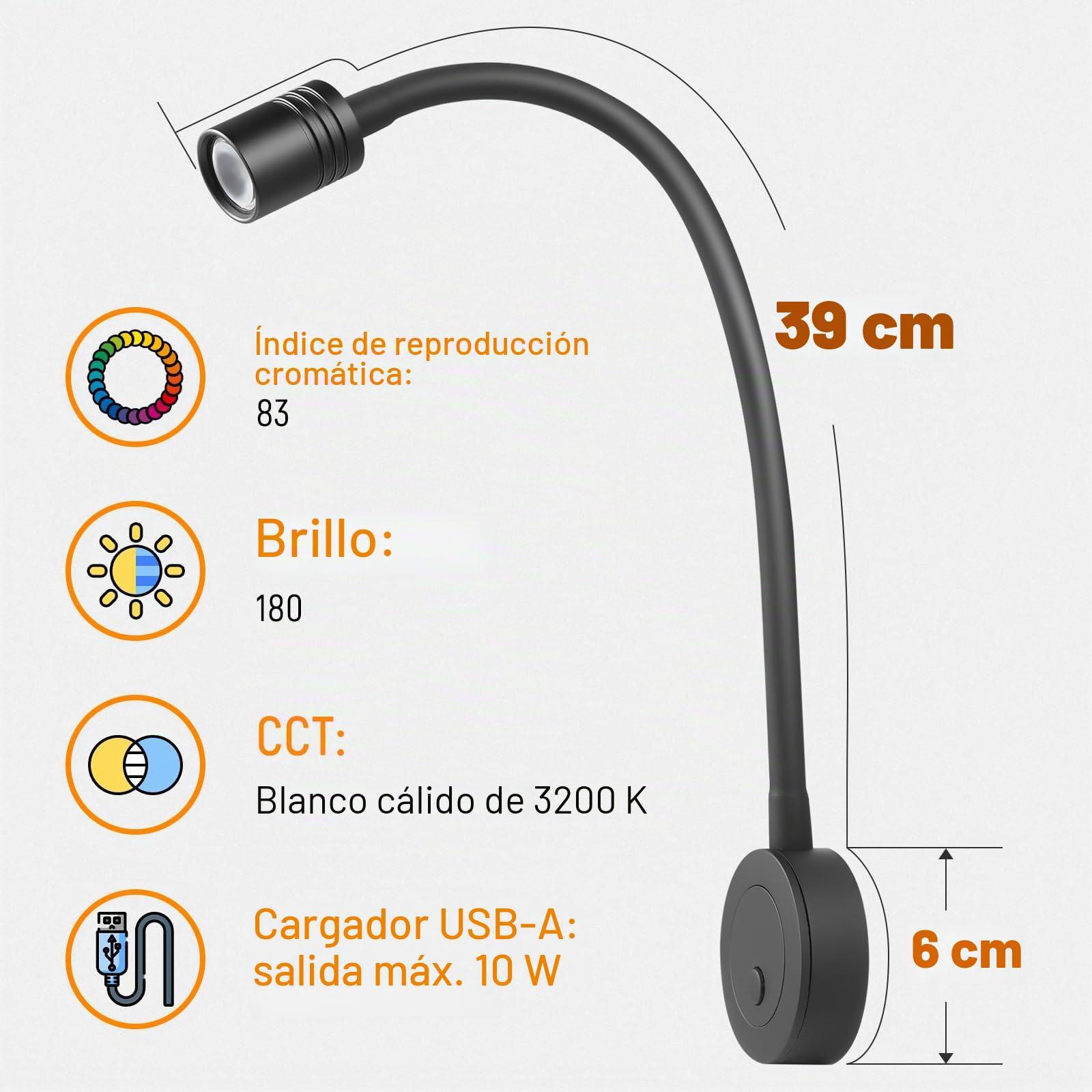 Lámpara de lectura LED 12V Camper Junto a la Cama 24V pared regulable flexible cuello de cisne para Autocaravana Furgoneta Barco Cabina, Equipado Cargador USB&Pulsador Regulador(Negro)