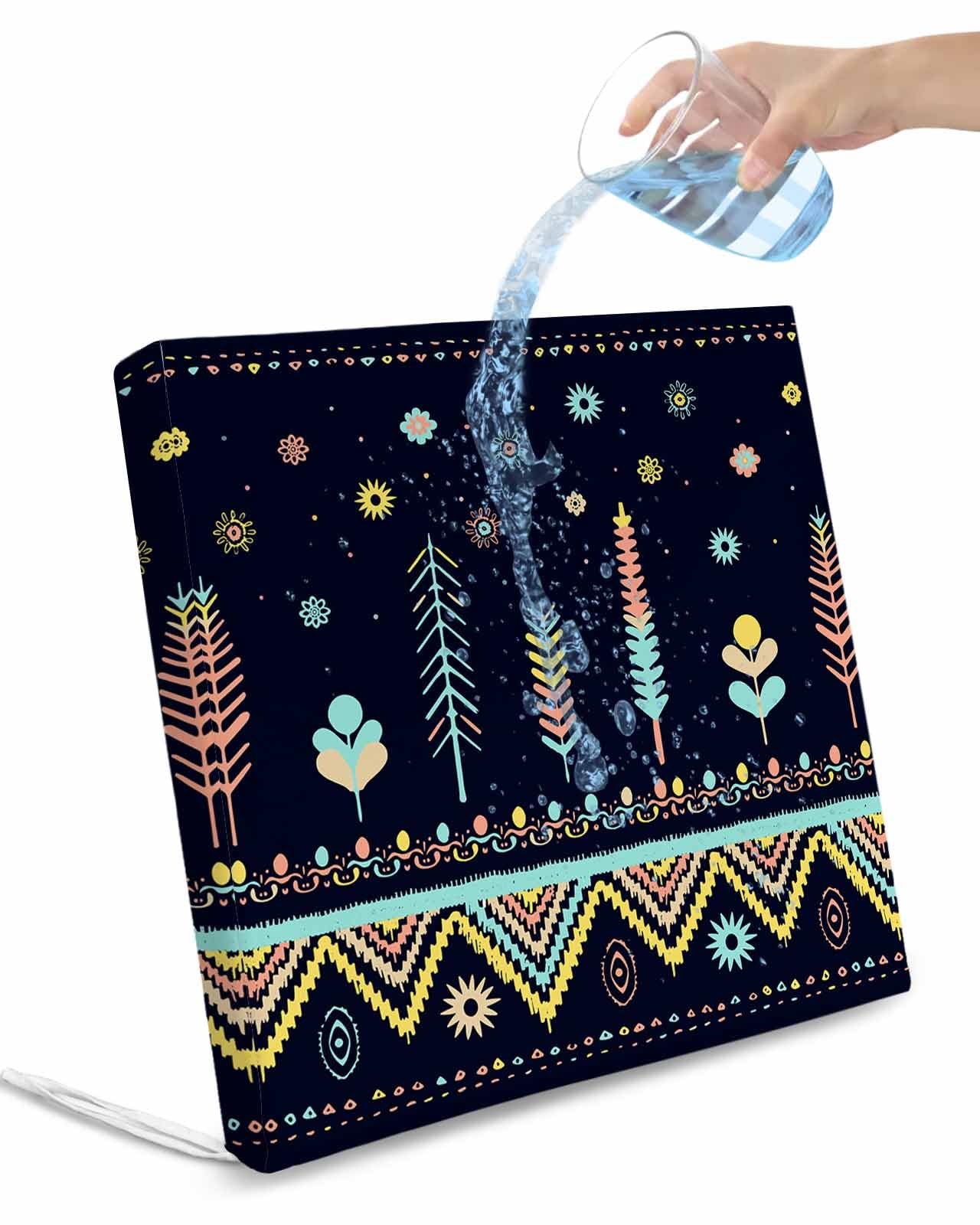 Edwiinsa Boho Floral Indoor/Outdoor Seat Cushions Cover,Waterproof Patio Chaise Lounge Cushion Cover for Beach Pool Side Chair Cushions 22x20x2 Pieces BlackBotanical Blue Aztec Tribal Ethnic Bohemian