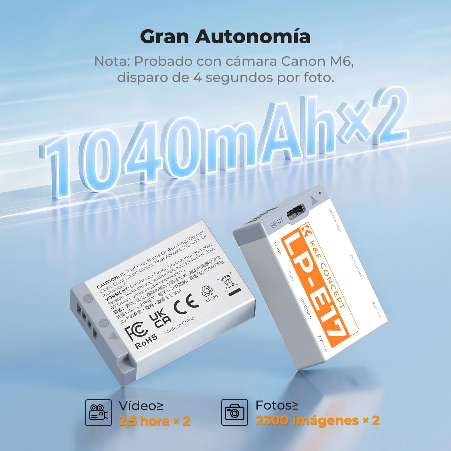 K&F CONCEPT LP-E17 Batería 1040mAh con Conector USB-C 2 Baterías Compatible con Canon EOS R50 R8 RP R10 R100,M6 II M5 M3 77D T6i 750D T6s 760D T7i 800D T8i 850D