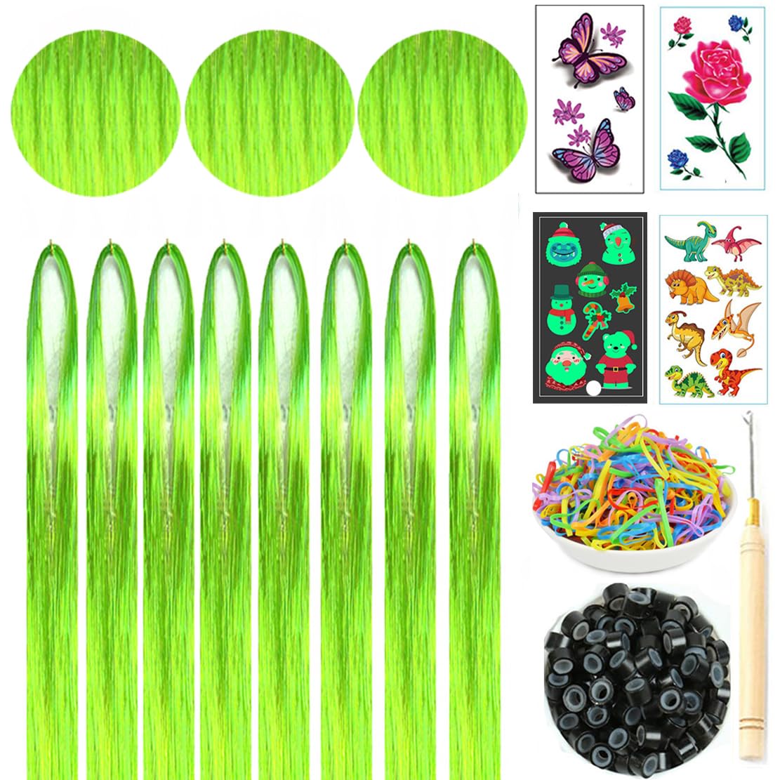 Hair Tinsel Kit with Tools 8pcs 1760 Strands Bright Green Heat Resistant Tinsel Hair Extensions for Women Kids Girls Sparkling Shiny Glitter Fairy