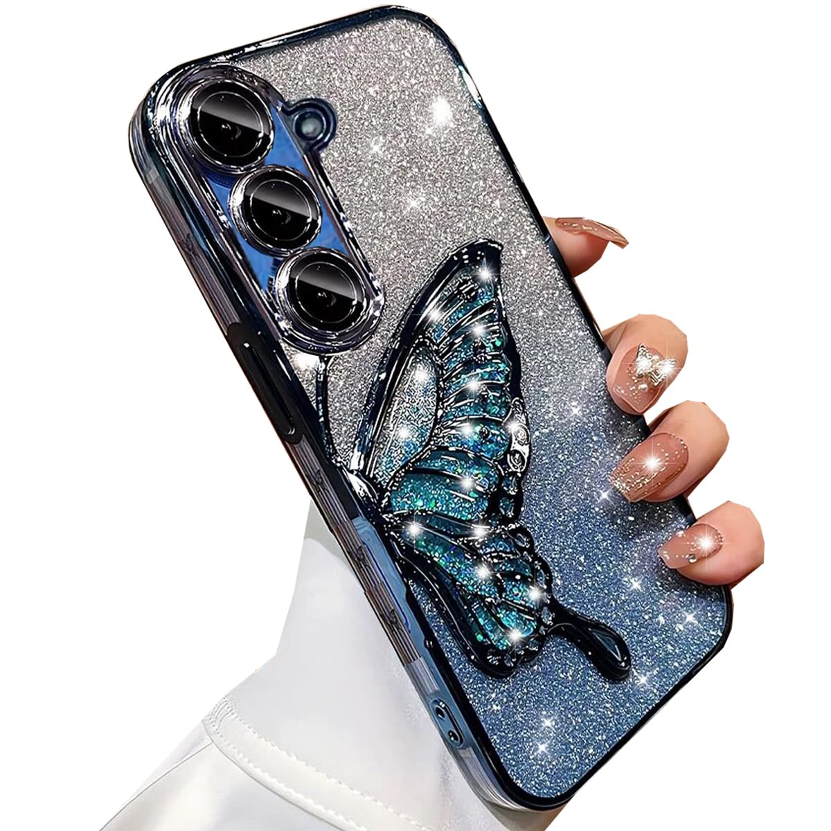 Changjia for Samsung Galaxy S25 Plus Glitter 3D Butterfly Case,Cute Luxury Bling Sparkle Liquid Flowing Clear Case with Camera Lens Protector Plating