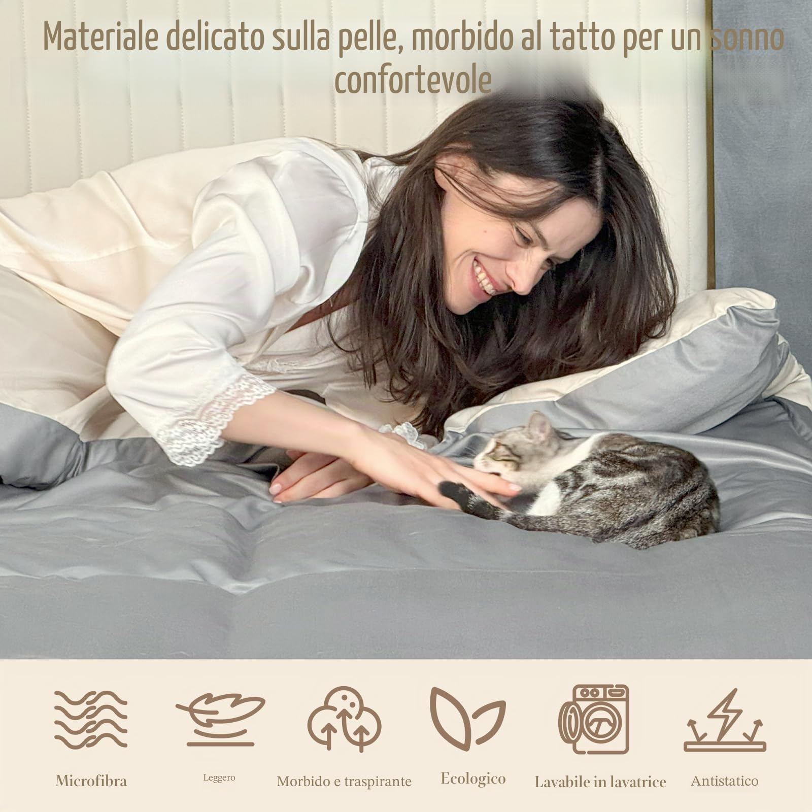 Set di biancheria da letto 4 pezzi, con cerniera su 3 lati, poliestere antistatico ultra-delicato e seta-liscio, design a due lati (Grigio & Crema), offerta vantaggiosa del marchio (2 * 135 x