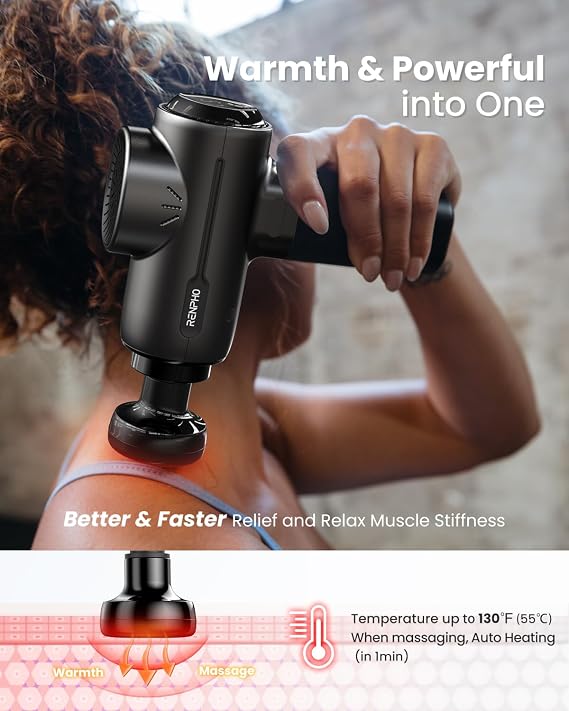 RENPHO Active+ Thermal Massage Gun with Heat, App Control, Deep Tissue Percussion Massager for Back and Neck, Portable Handheld Massager with 5 Speeds, 5 Attachments, Carry Case,Gifts for Men Women