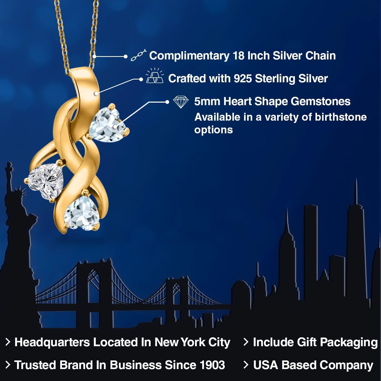 Gem Stone King 18K Yellow Gold Plated Silver Lab Grown Diamond and Sky Blue Aquamarine Pendant Necklace for Women | 1.27 Cttw | Gemstone April Birthstone | Heart Shape 5MM | With 18 Inch Chain - Image 2