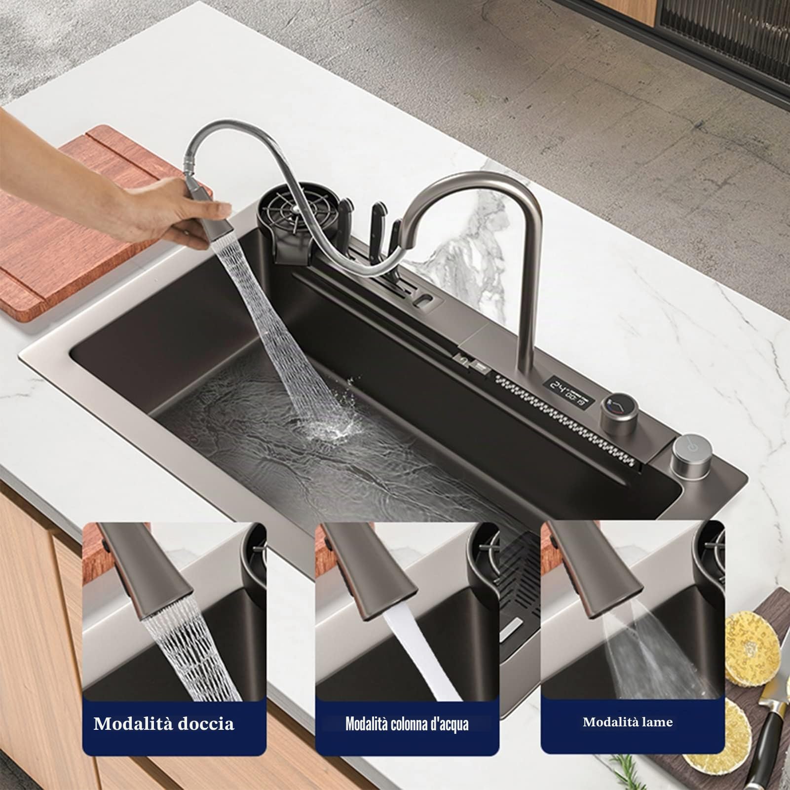 Lavello da Cucina A Una Vasca 304 in Acciaio Inox, Lavello A Cascata Dell'intelligenza, Lavello della Postazione di Lavoro della Cucina con Rubinetto Estraibile (Color : Black-Grey, S : 75x46cm)