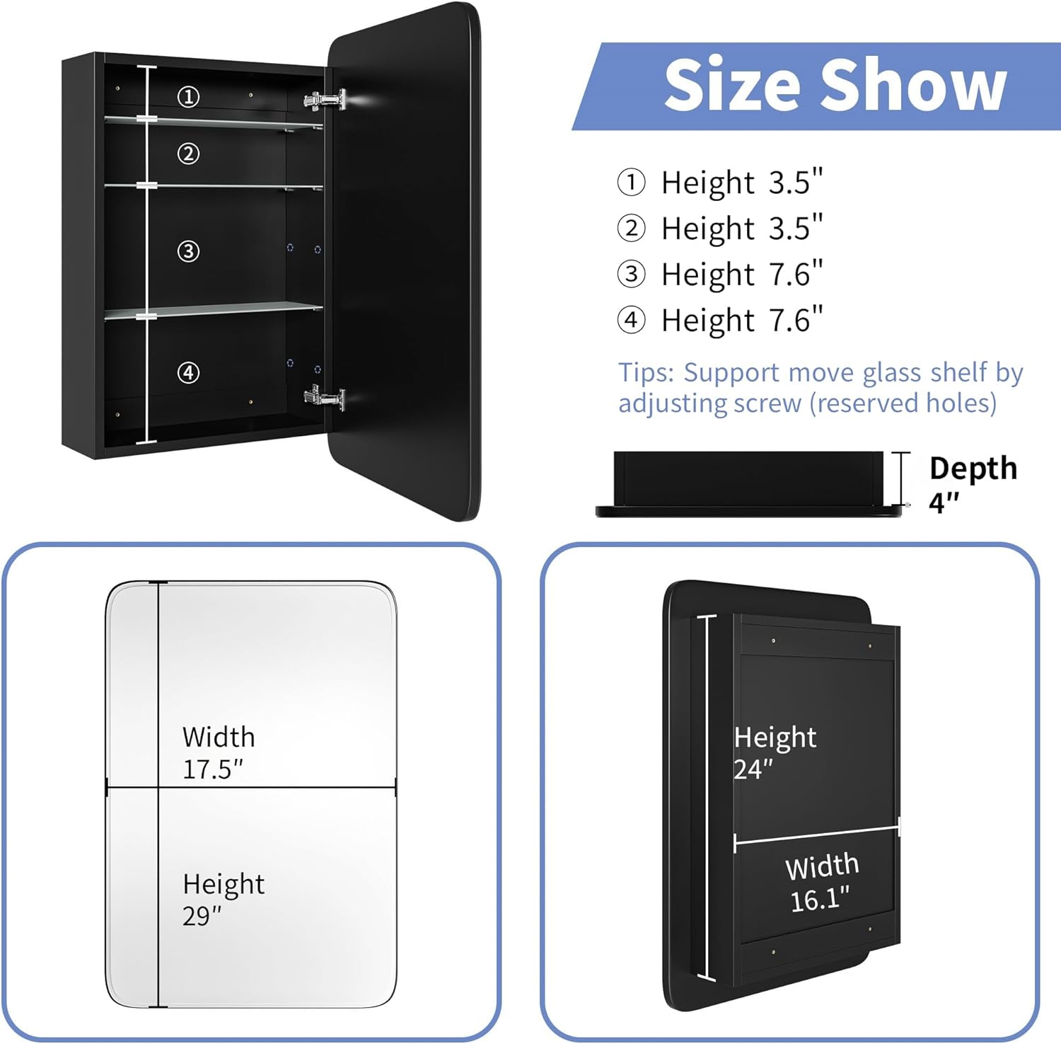 AGDULL Vintage-Style Bathroom Wood Black Cabinet with 17.5''x29'' Curved Mirror, Recessed Medicine Cabinet, Bathroom Storage Cabinet