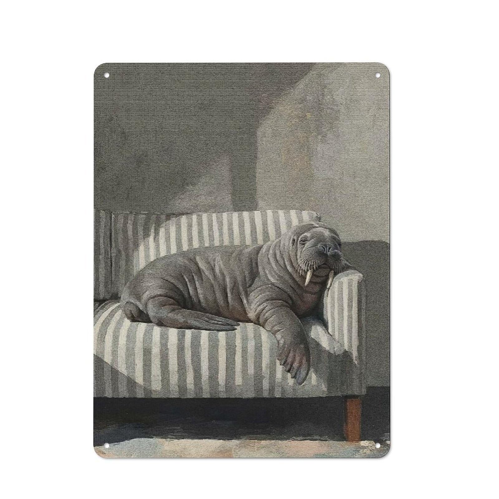 Junmoney Style-21 Tin Wall Plaque 40X30cm With Walrus Resting On Striped Couch For Hobby Room Or Studio, For Themed Interiors In Hobby Rooms And Studios