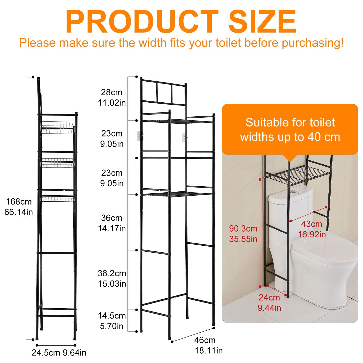 Meuble WC, Meuble Salle de Bain Rangement à 3 Niveaux, Étagère WC Autoportante en Métal, Rangement au-Dessus des Toilettes ou Lave-Linge Peu Gain de Place, Montage Facile Etagere, Noir