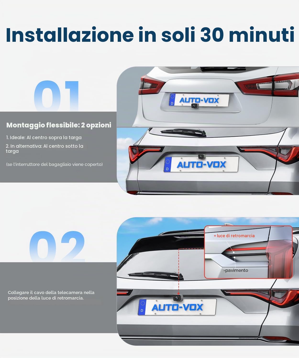 AUTO-VOX Telecamera posteriore wireless: 4,8 pollici HD 1080P visione notturna IP69K impermeabile facile montaggio telecamera posteriore per auto, camion, camper, segnale