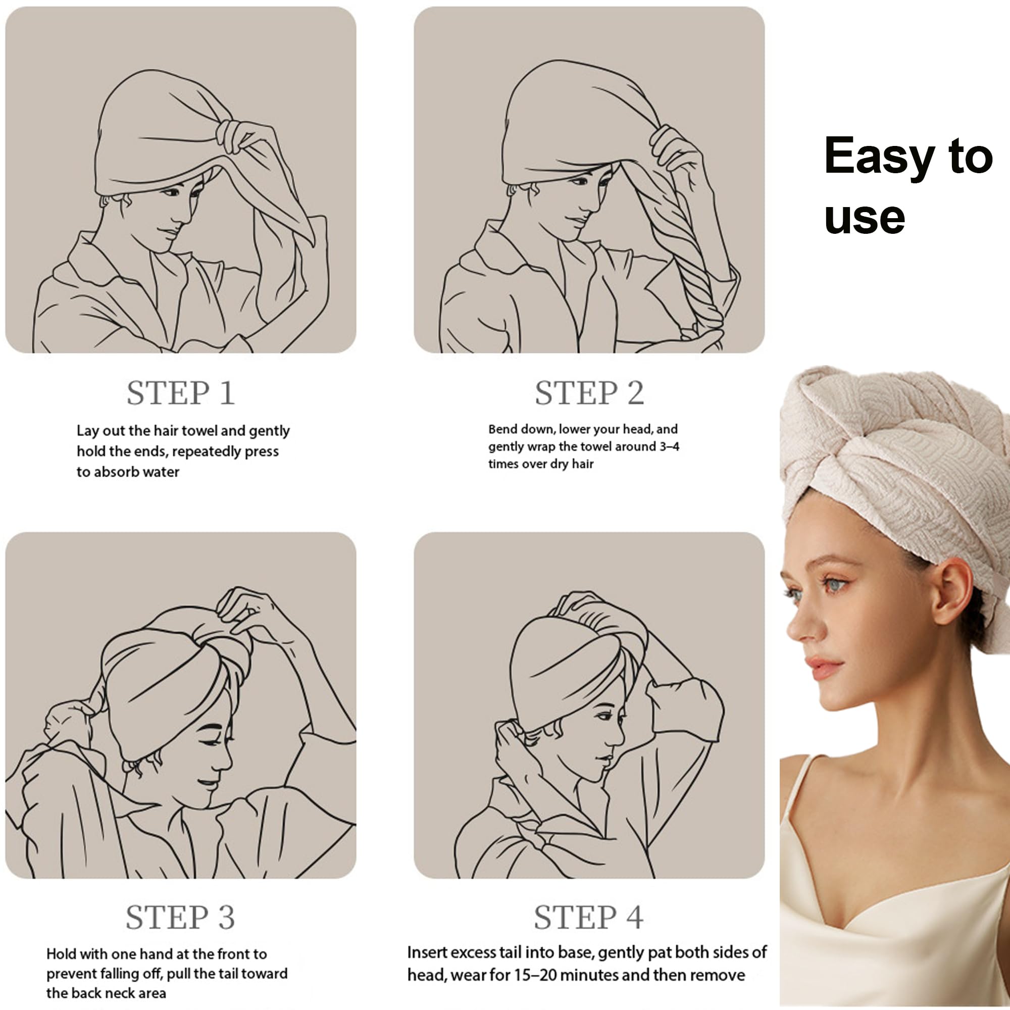 Turban do włosów szybkoschnący,Ręcznik do włosów z mikrofibry,Ręcznik do suszenia włosów,Oddająca powietrze mikrofibra,Zestaw pielęgnacyjny do domu,6 elementów,100x67 cm, (Złamana biel)