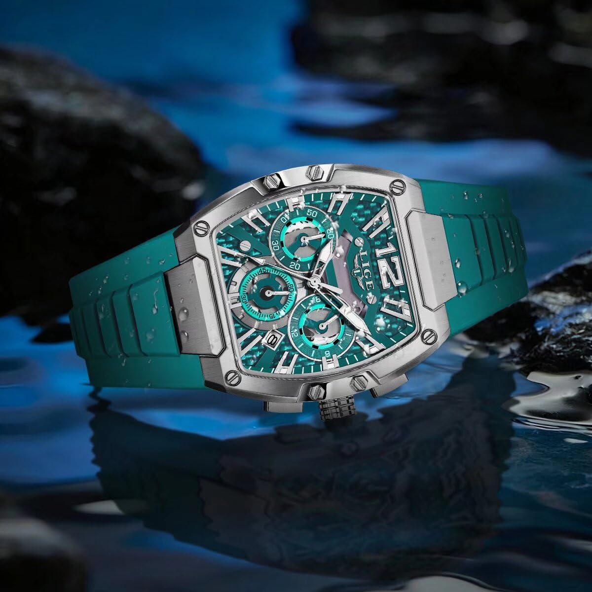LIGE Men's Watch Skeleton Tonneau Square Chronograph Stainless Steel Quartz Analog Watches Waterproof Luminous Date Silicone Strap Durable Fashion Casual Business Dress Wrist Watch - Image 6