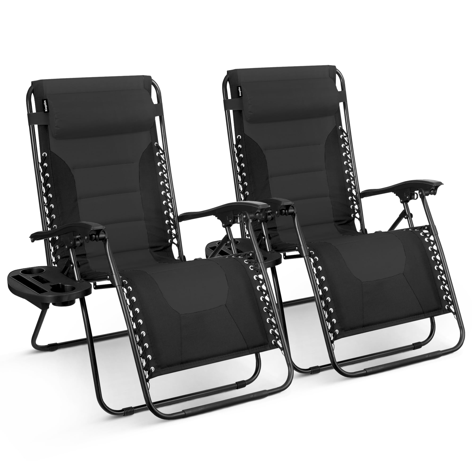 KEPLIN Set of 2 Heavy Duty Textoline Zero Gravity Chairs for Garden Light Reclining Patio Sun loungers Easy to Clean Adjustable Head Rest Foldable with Cup & Phone Holder (Black)-image-37