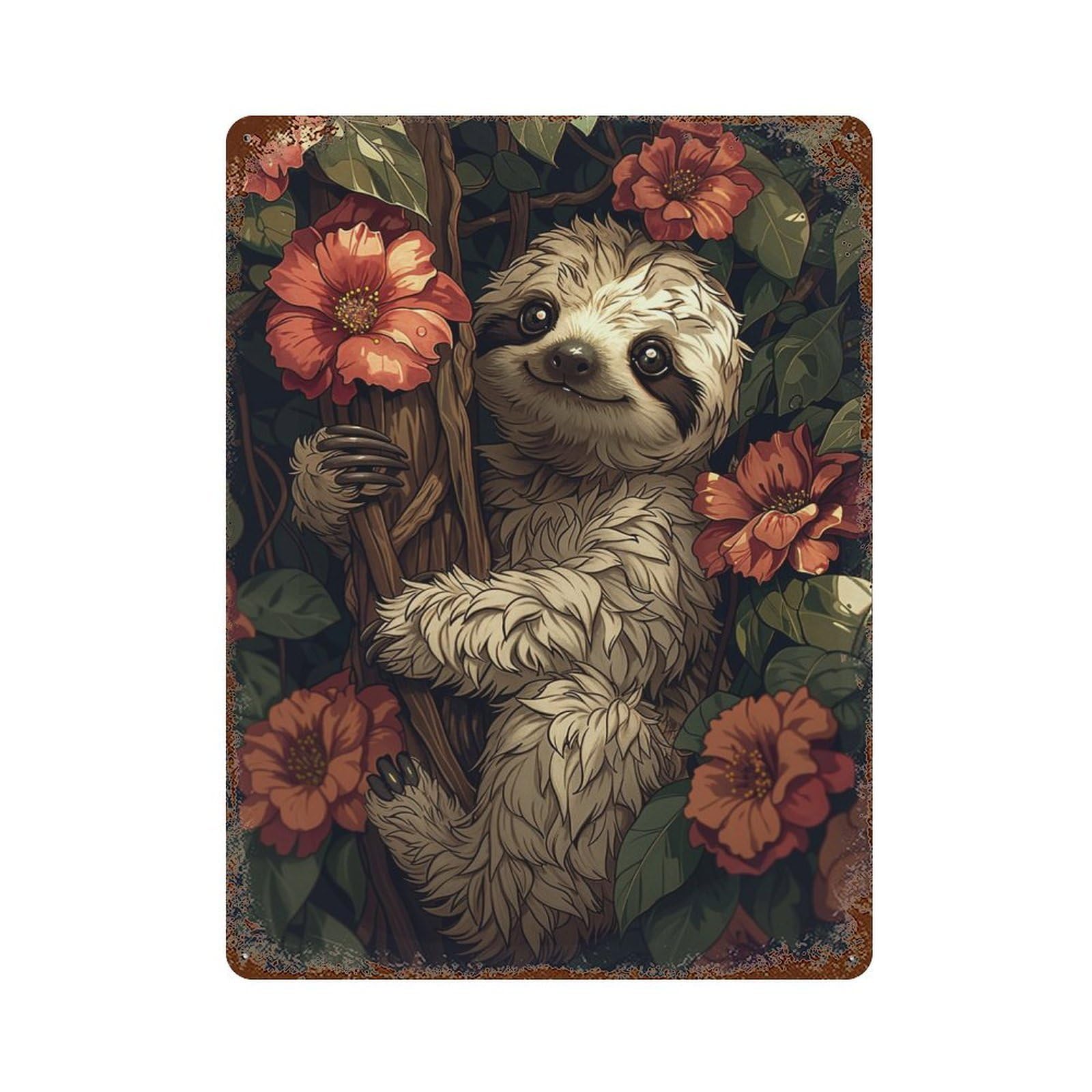 Rust Effect Smiling Sloth in Flowers Weathered Tin Sign 15.7"x11.8", Farmhouse Wall Decor for Farmhouse, Kitchen And Entryway Decor