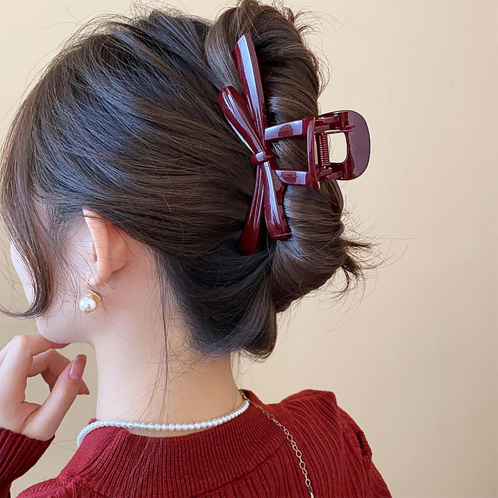 Inateannal Vintage Large Hair Claw Clip - Red Plastic Bow - Thick Curly Hair - 1 Count (Pack of 1) - Female Adult - Bohemian, Victorian - Image 2