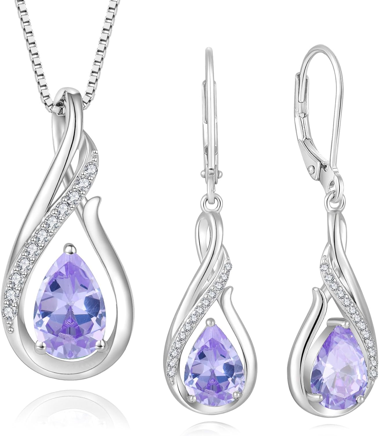Infinity Alexandrite Jewelry Set for Women 925 Sterling Silver Teardrop Purple CZ Pendant Necklace and Dangle Drop Earrings June Birthstone Jewelry Gift