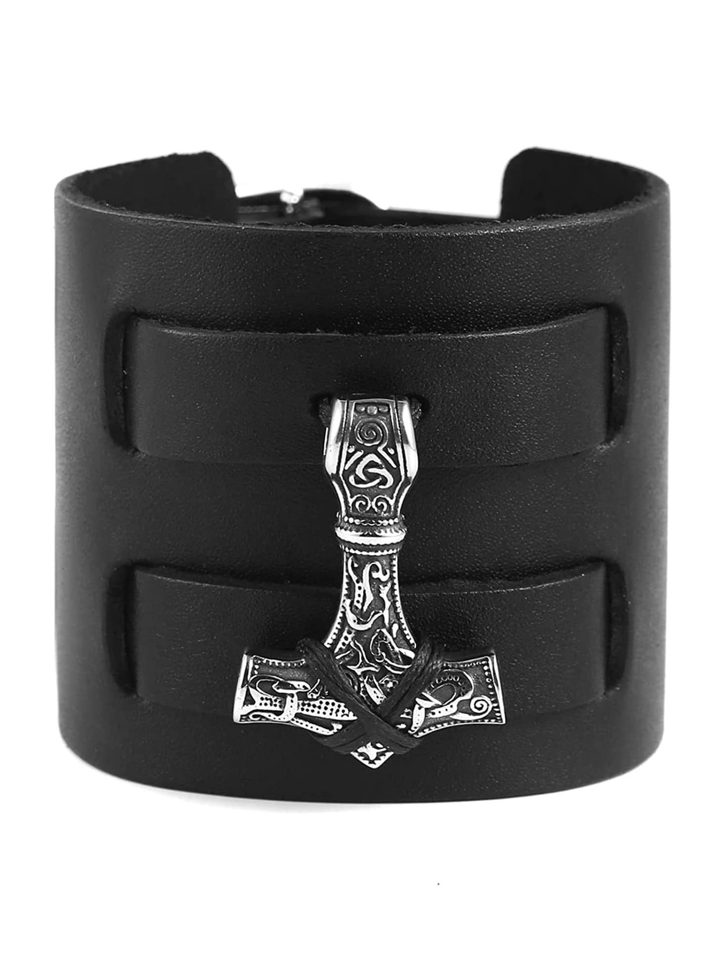 HAQUIL Viking Bracelet for Men - Mjolnir Pendant, Nordic Wide Leather Wristband, Men's Jewelry