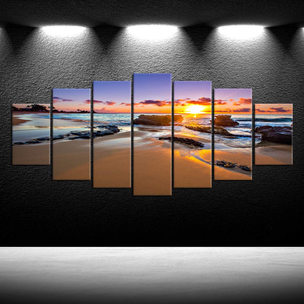 iKNOW FOTO 7 Panels Extra Large Ocean Sunset Sea Beach Canvas Prints Pictures Paintings on Canvas Art Work for Walls Home Decor 70x32inch