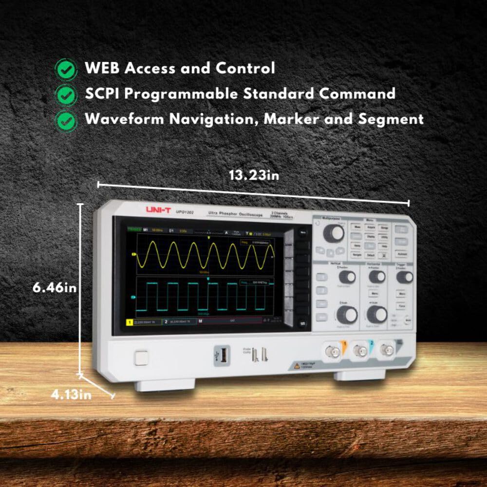 Dimensions of the UNI-T UPO1102 Digital Oscilloscope, showing a width of 13.23 inches, height of 6.46 inches, and depth of 4.13 inches.