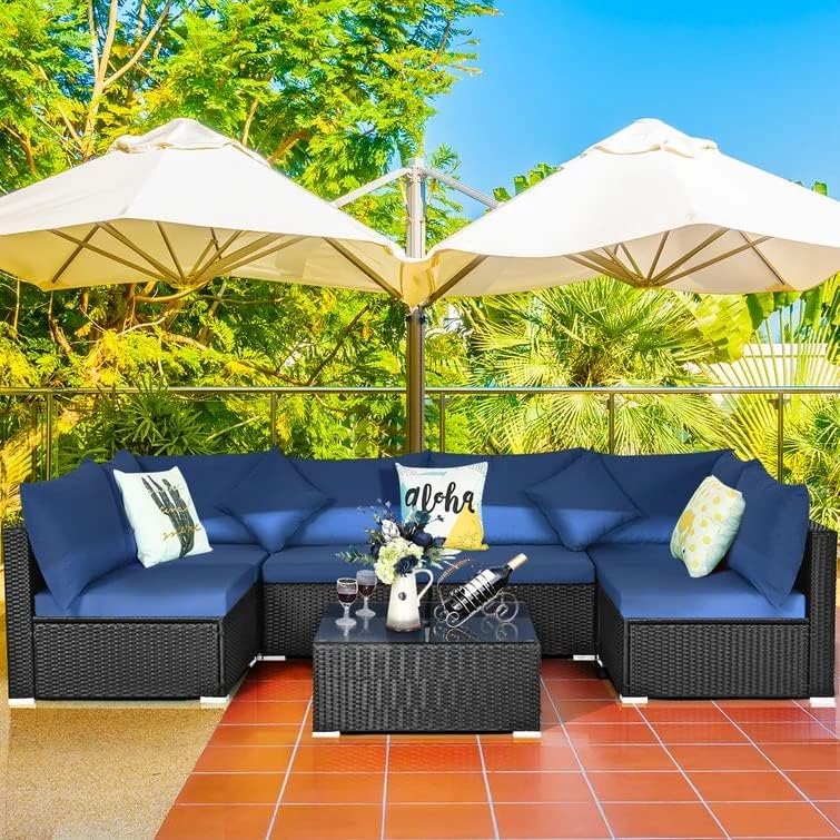 Image of 6 Seater Outdoor Patio Sectional Sofa L Shape sofaWicker Furniture Conversation Sets with Washable Cushions, and Glass Coffee Table for Garden, Poolside, and Backyard. (Black and Nevy Blue)