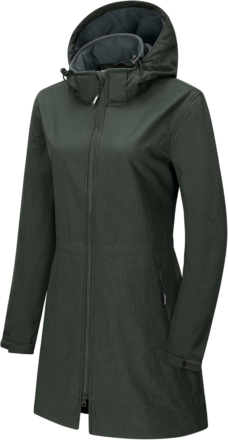 Outdoor Ventures Women's Softshell Jacket with Removable Hood Fleece Lined Windbreaker Insulated Long Warm Rain Jacket