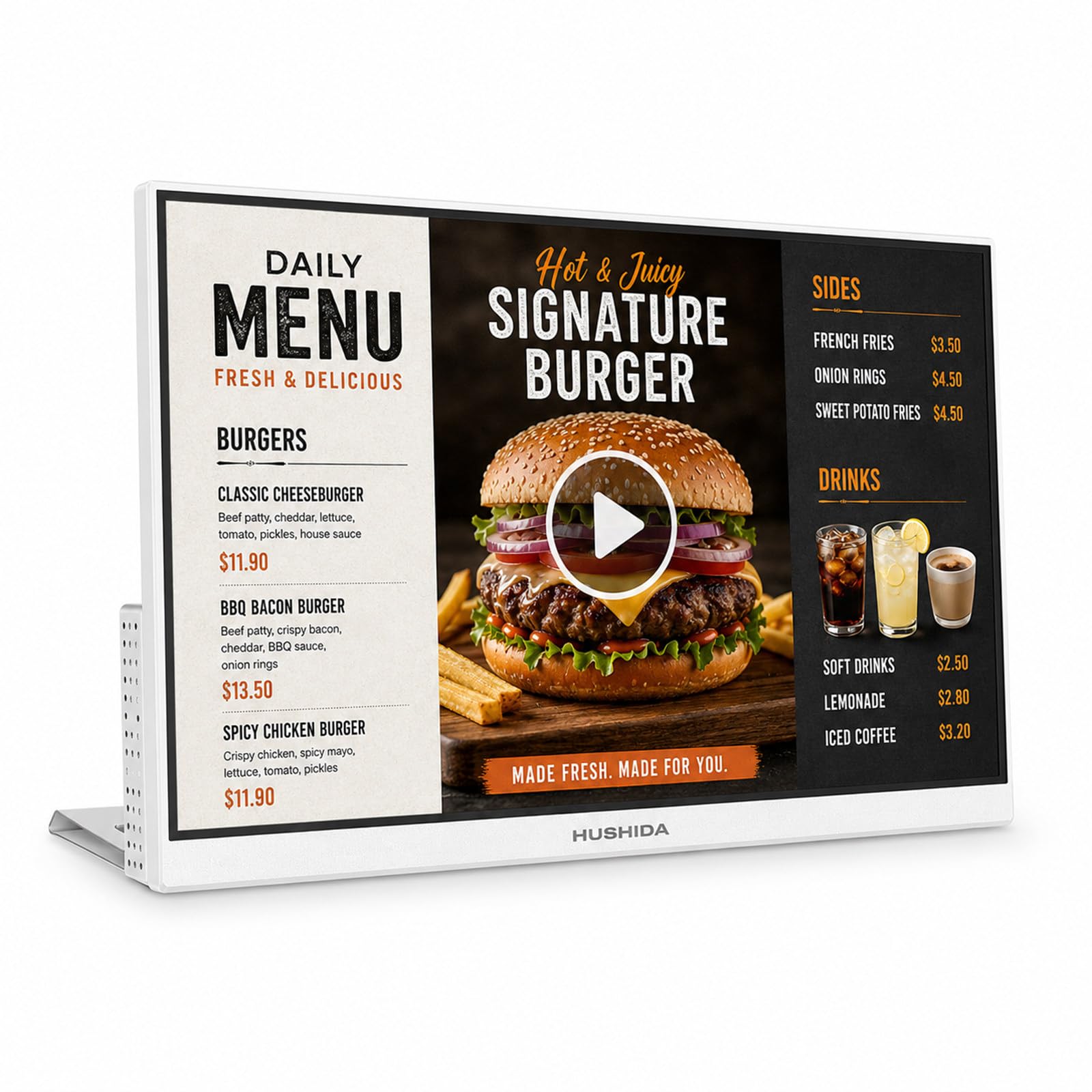 Display pubblicitario con accensione e Riproduzione programmate | Contrasto 1.000:1, angolo di visione di 178°, display IPS leggibile, per menu visibili da diverse posizioni al banco vendita