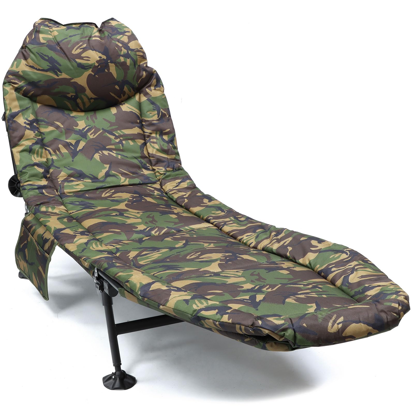 DNA Leisure Fishing Bed Chair 6 Leg, Padded Mattress with Built-In Pillow Reclining Camping Carp Bedchair In DPM Camo, Side Pocket, Folding Compact Steel Frame 199x65x31cm
