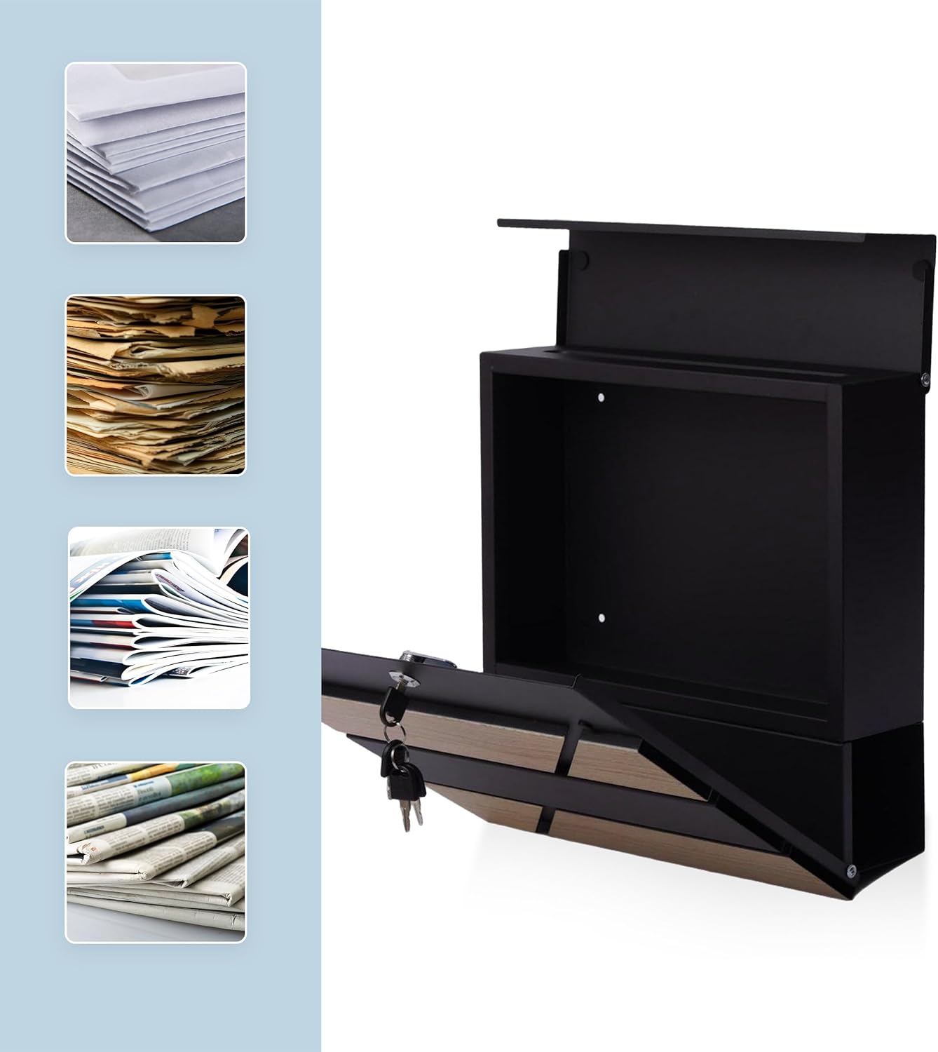 Relaxdays Wooden Look Letterbox with Newspaper Compartment H x W x D x D: 37 x 37 x 11 cm 4X Keys Iron Black/Natural