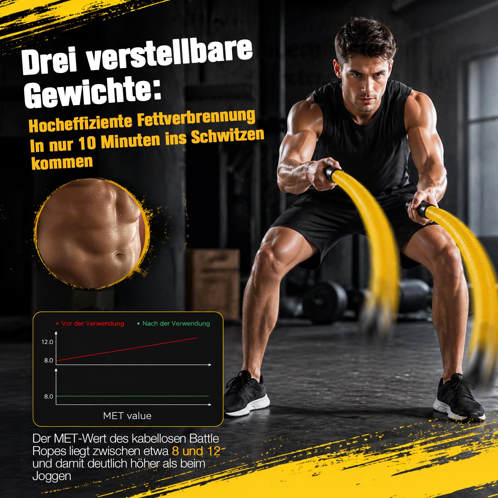 Battle Rope Ohne Seil mit Gewichtsringen – Verstellbare Battle Ropes (50-70 lbs) für Zuhause, Leise Seillose Battle Rope mit Silikon Griff, Ideal für Ganzkörpertraining, Fettverbrennung & Krafttrainin