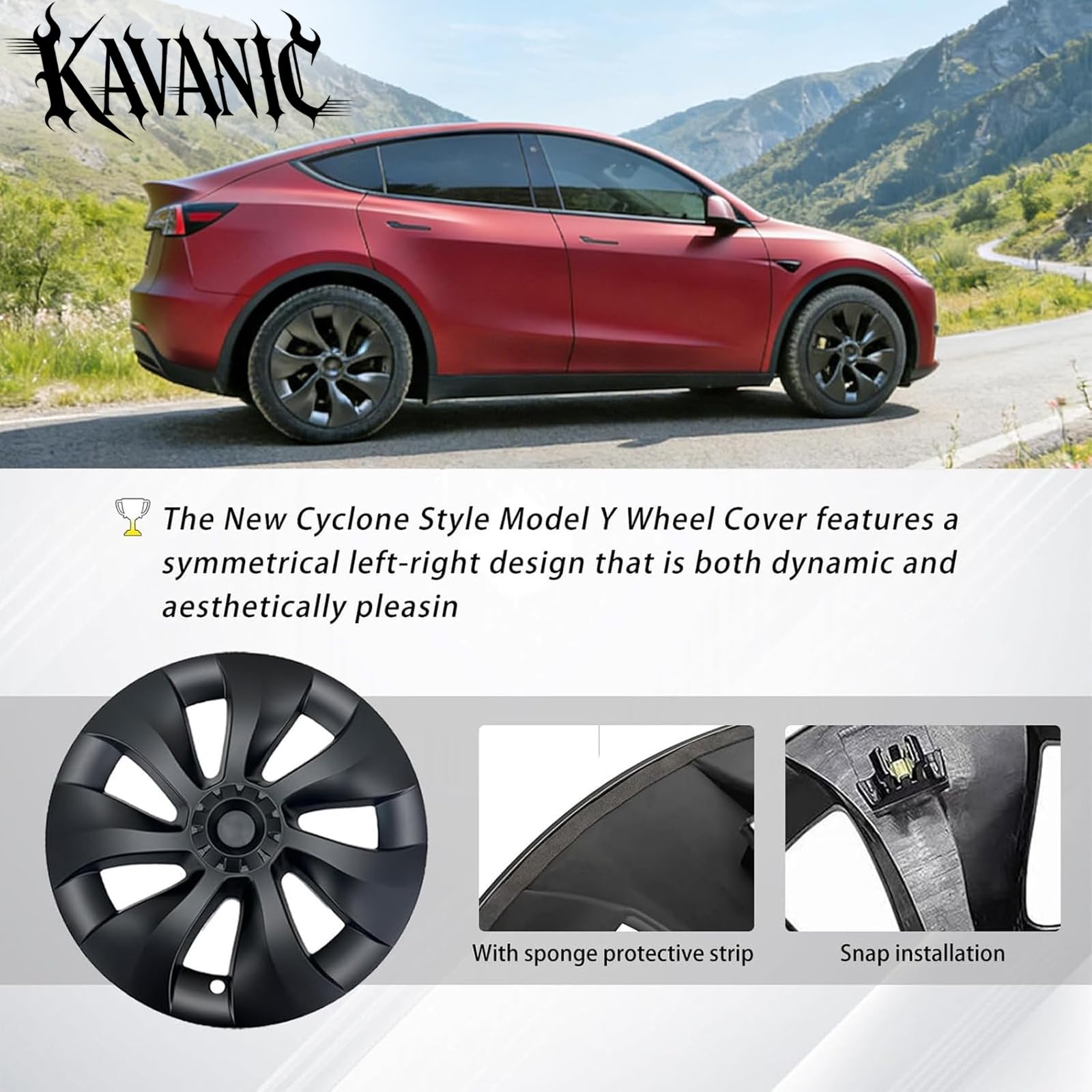 KAVANIC Lot de 4 enjoliveurs modèle Y de 48,3 cm, Style Cyclone, Noir Mat pour Tesla Model Y 2020-2024 – Enjoliveurs de Rechange avec Logo symétrique