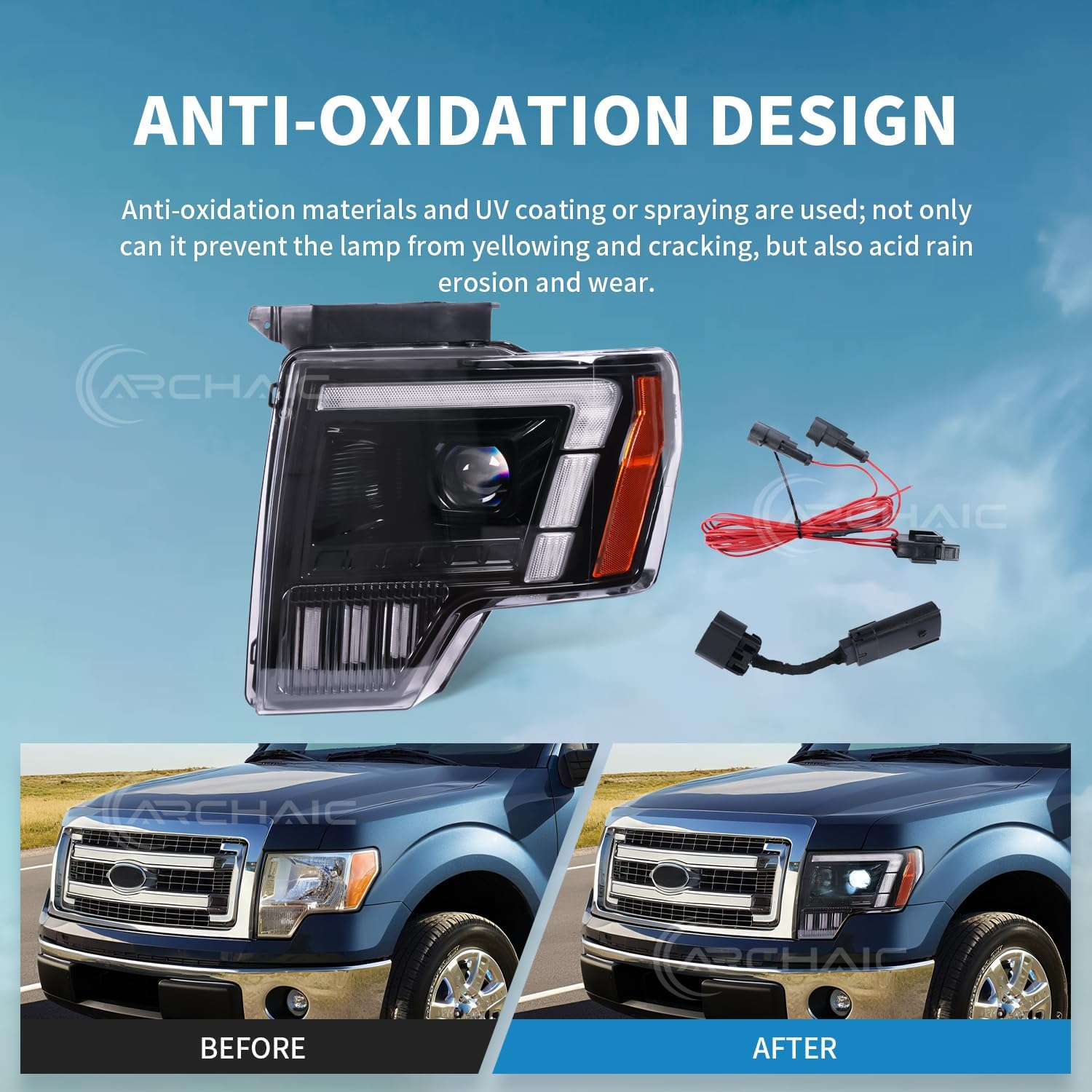 Archaic Headlights Compatible with 2009-2014 Ford F150 XL/XLT/STX/FX2/FX4/Lariat/Limited/Platinum/King Ranch/Raptor, Amber/White Switchable DRL, Plug and Play, Pair.