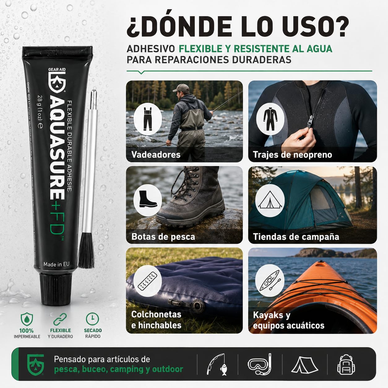 Gear Aid Aquasure +FD, flexible und wasserdichte Aufkleber aus Polyurethan, 2 Tuben à 28 g, für Neopren, Wathosen, Matten und Outdoor-Ausrüstung, 2 Stück