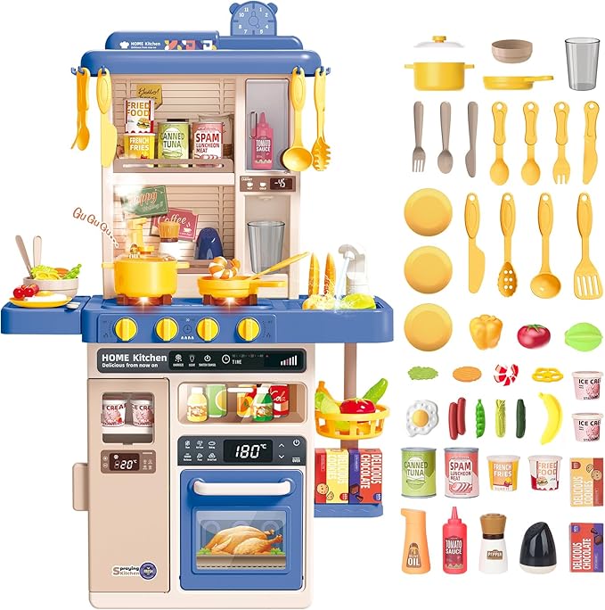 deAO Cocina Juguete Niños, Cocinas Infantiles Incluye 50 Accesorios, Grifo con Bomba de Agua, Luces, Sonoras y Vapor, Educativos Juego de Cocina para Niños, Regalos de Cumpleaños, Navidad +3 Años