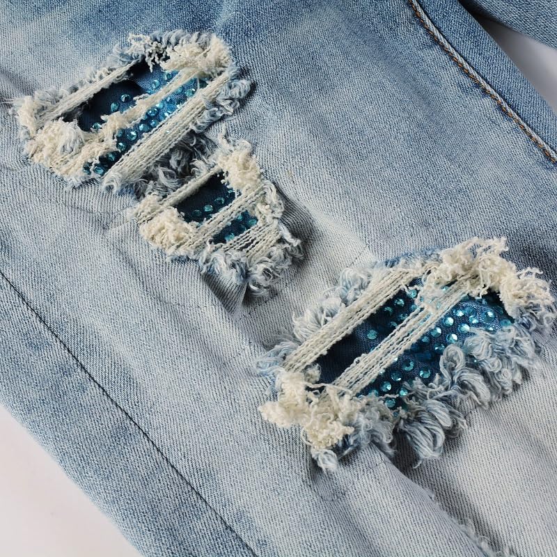 Mens Blue Crystals Knee Patchwork Jeans Skinny Stretch Slim Distressed Ripped Rhinestone Studs Pant4