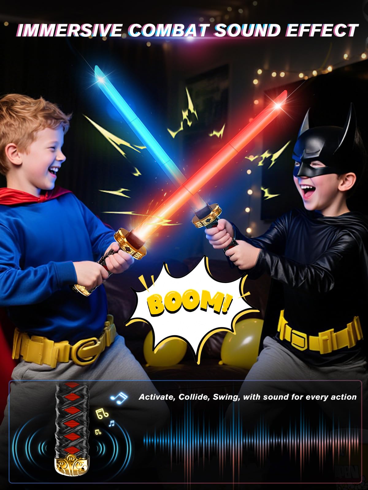 VATOS 2 Sabres Laser Ninja pour Enfants, LED Ninja Sword RGB 15 Couleurs avec étui et Effets Sonores de Combat, Jouets Sabres Laser Rechargeables par USB pour Cosplay, Noël, Halloween et Fans d'anime