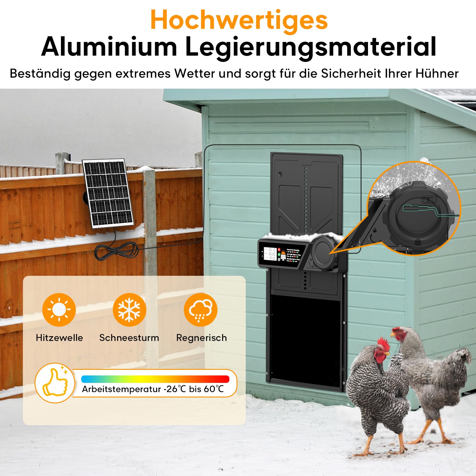 Große Automatische Hühnerklappe Solar, Aluminum Hühnerklappe Automatisch mit Großes Display, Timer, Fernbedienung, Intelligenter Einklemmschutz Elektrische Hühnertür