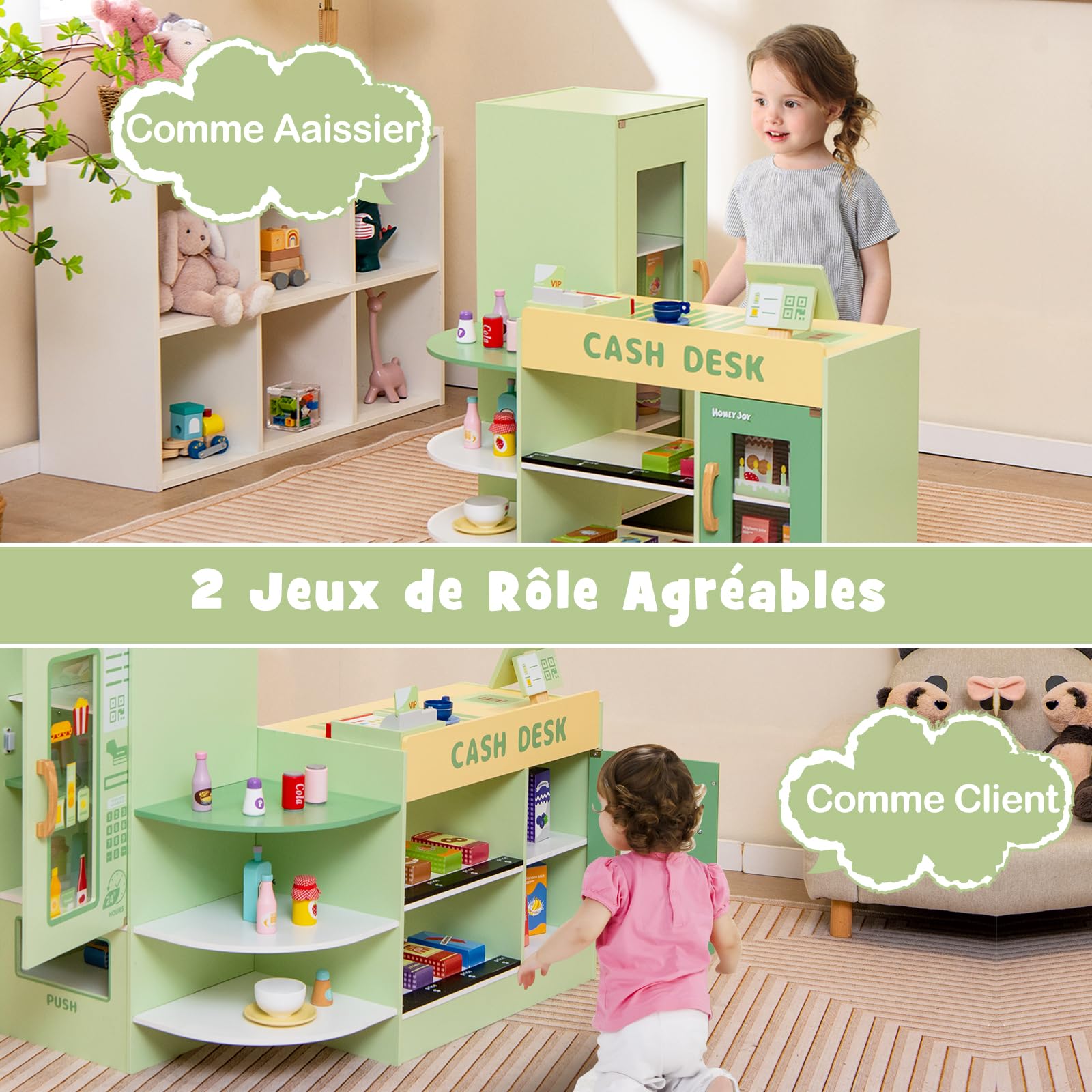 Jeu d'épicerie pour enfants, étal de marché en bois avec sac de courses, supermarché pour enfants avec tapis roulant, scanner, caisse enregistreuse, échelle réaliste, cadeau pour garçons et filles