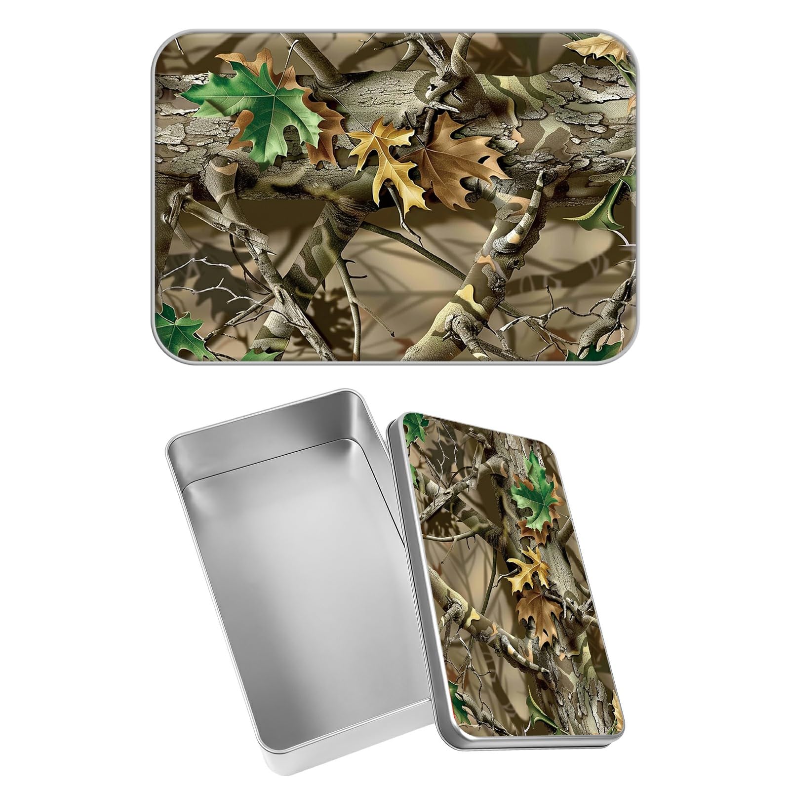 Rectangular Metal Tin Box with Removable Lid, Camouflage Leaf Decorative Printed Metal Storage Container for Jewelry Pen Eraser Pill Candy Craft 4.9 x 3.54 x 1.57 inch– Single Pack