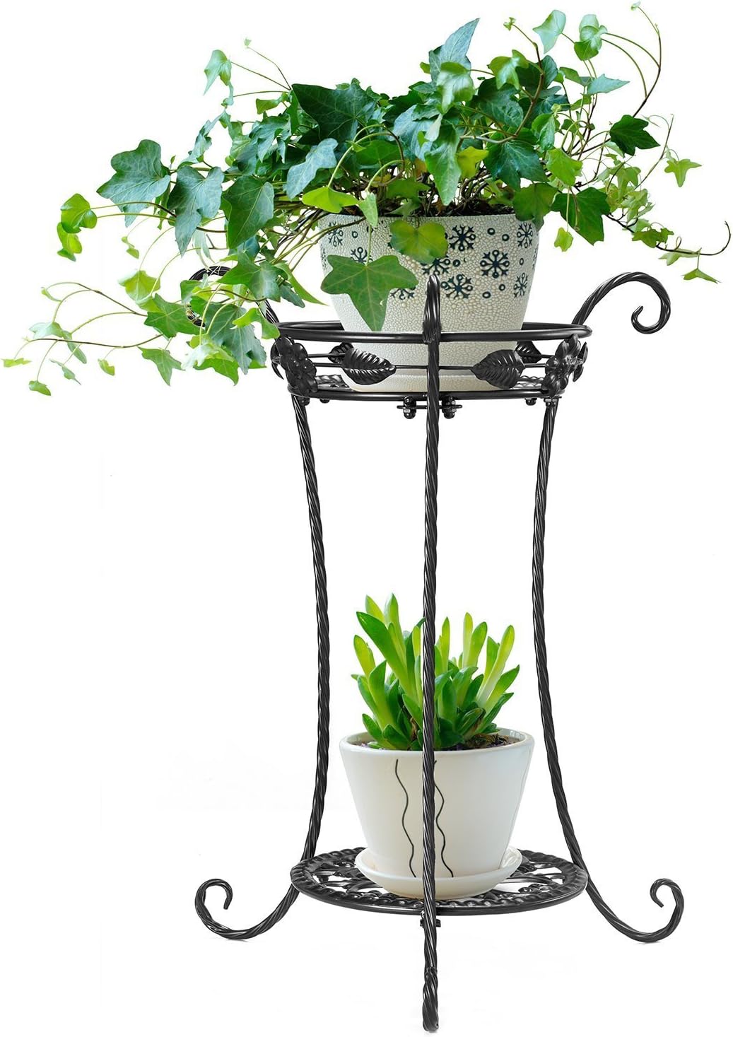 2 Tiers Potted Plant Stand Metal Flower Pot Shelf (BLACK)