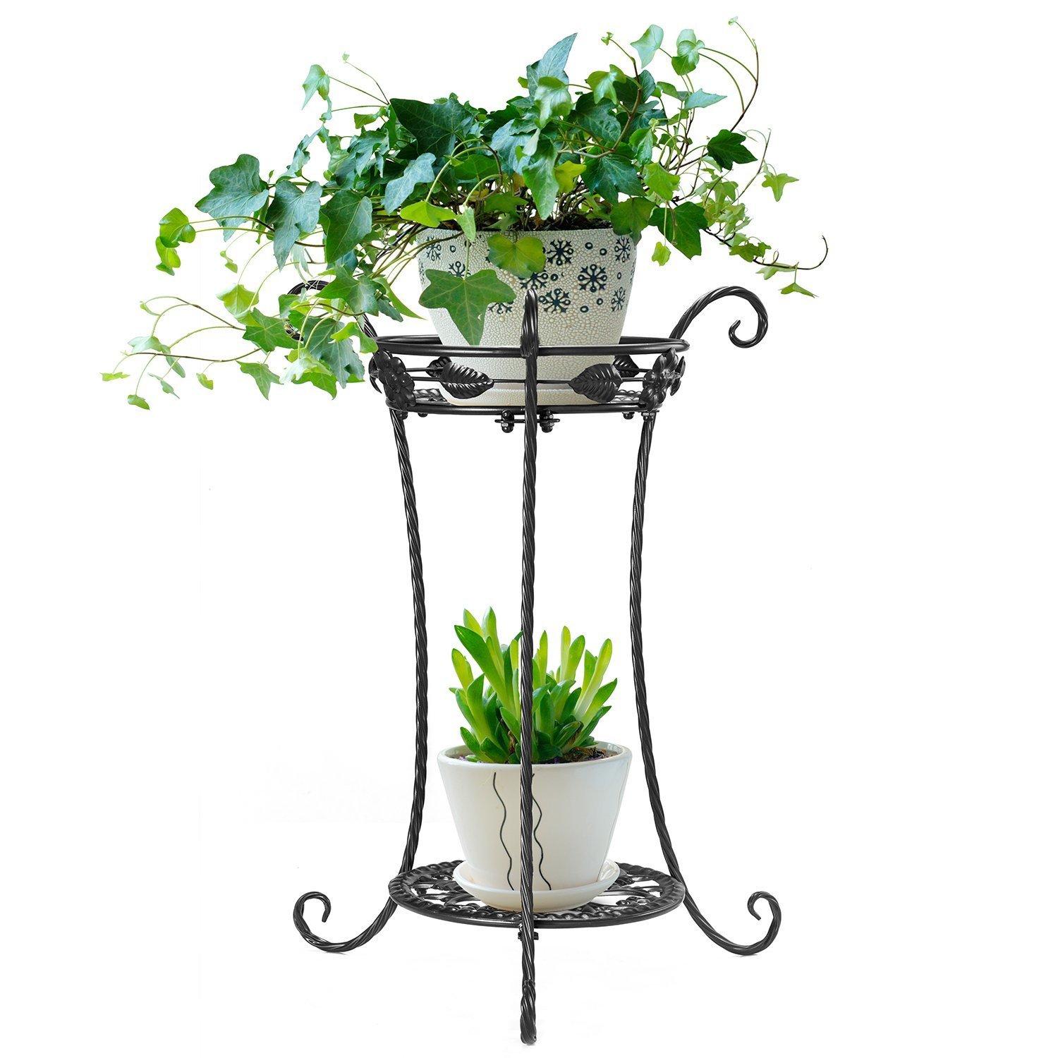 2 Tiers Potted Plant Stand Metal Flower Pot Shelf (BLACK)